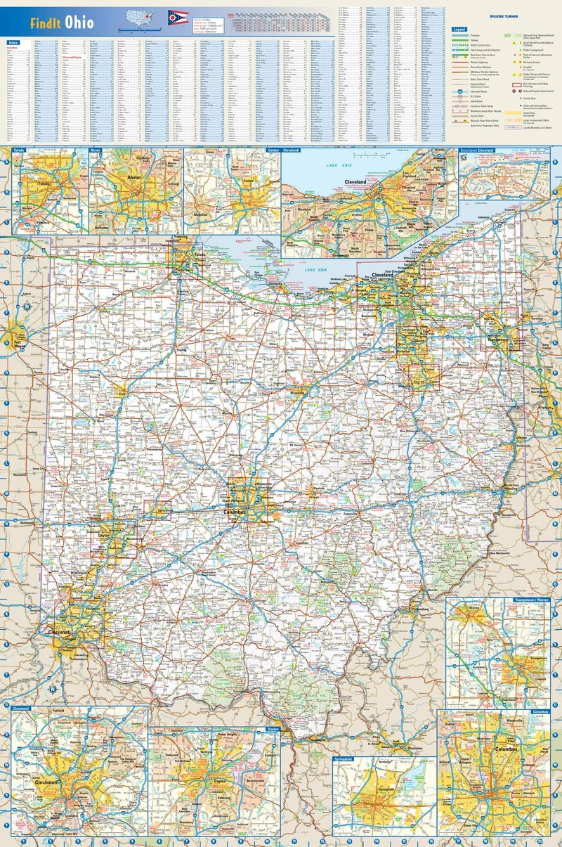 Globe Turner Ohio State Wall Map - 20.75" x 31.25" Laminated, Full Color, Semi-Gloss Finish, Travel Map